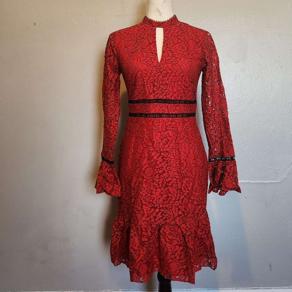 Vintage Shoshanna Red Black Floral Sweetheart Dress